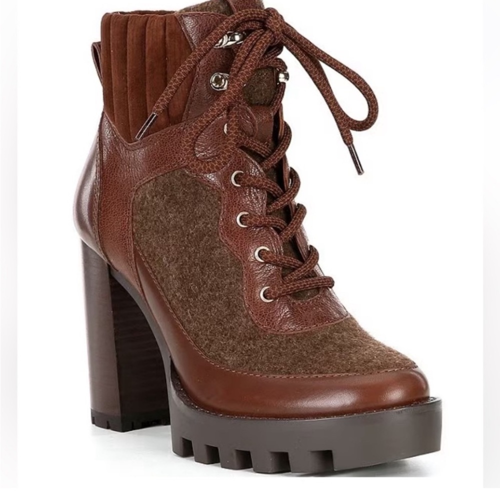 New! Antonio‎ Melani - Penn Leather
And Fabric Platform Lug Sole Booties Sz 7.5